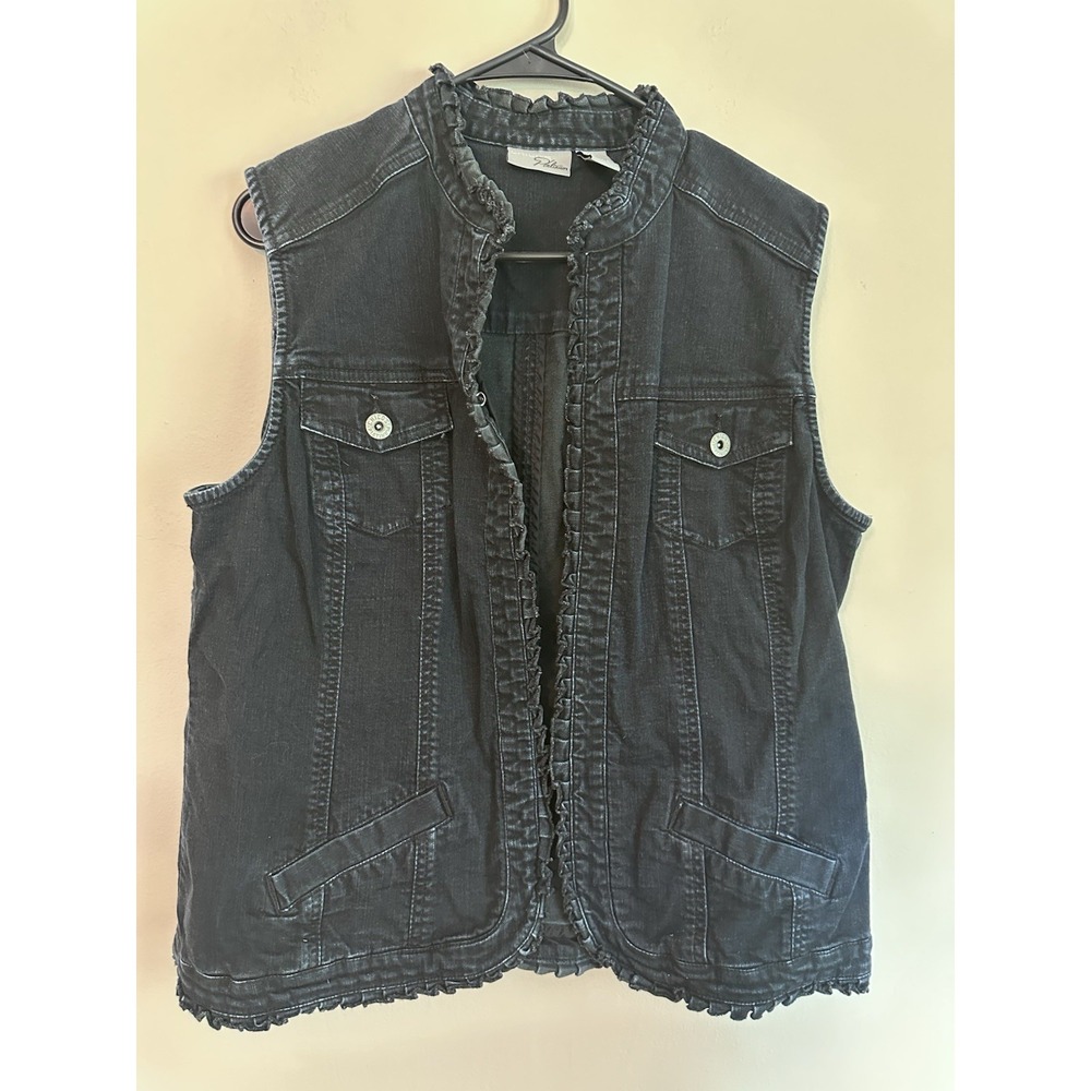 Chico's Platinum Size 3 Y2K Ruffle Trim Hook Button Cotton Denim Vest Dark Blue